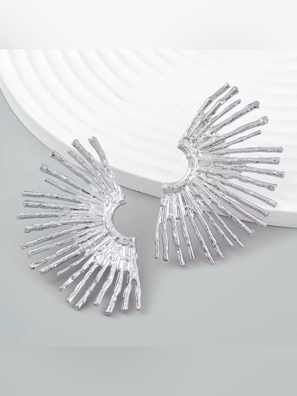 Silver and Gold Radiant Fan Statement Earrings - Women Jewelry